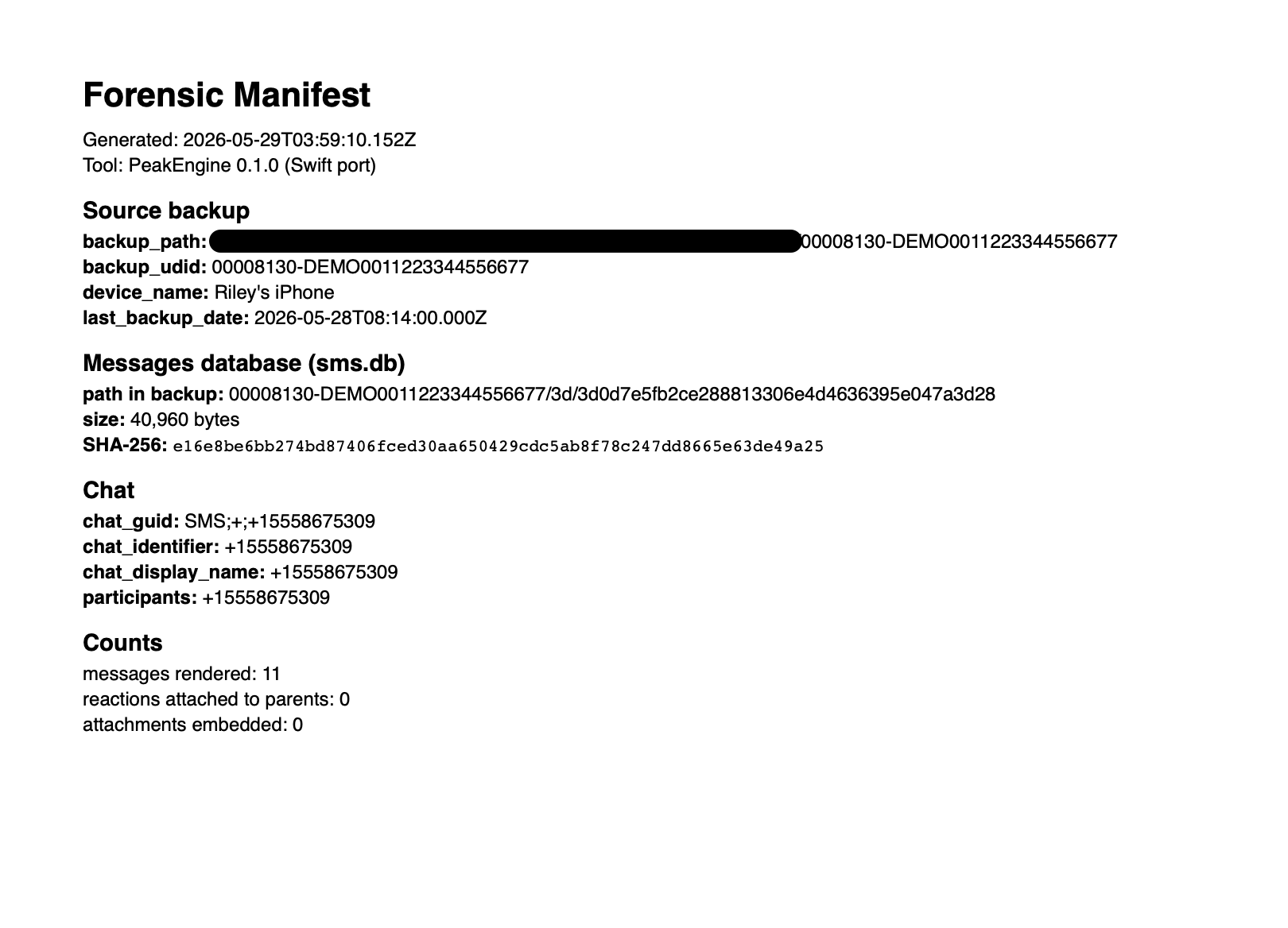 Forensic manifest page listing the source backup, message database SHA-256 hash, and message counts.