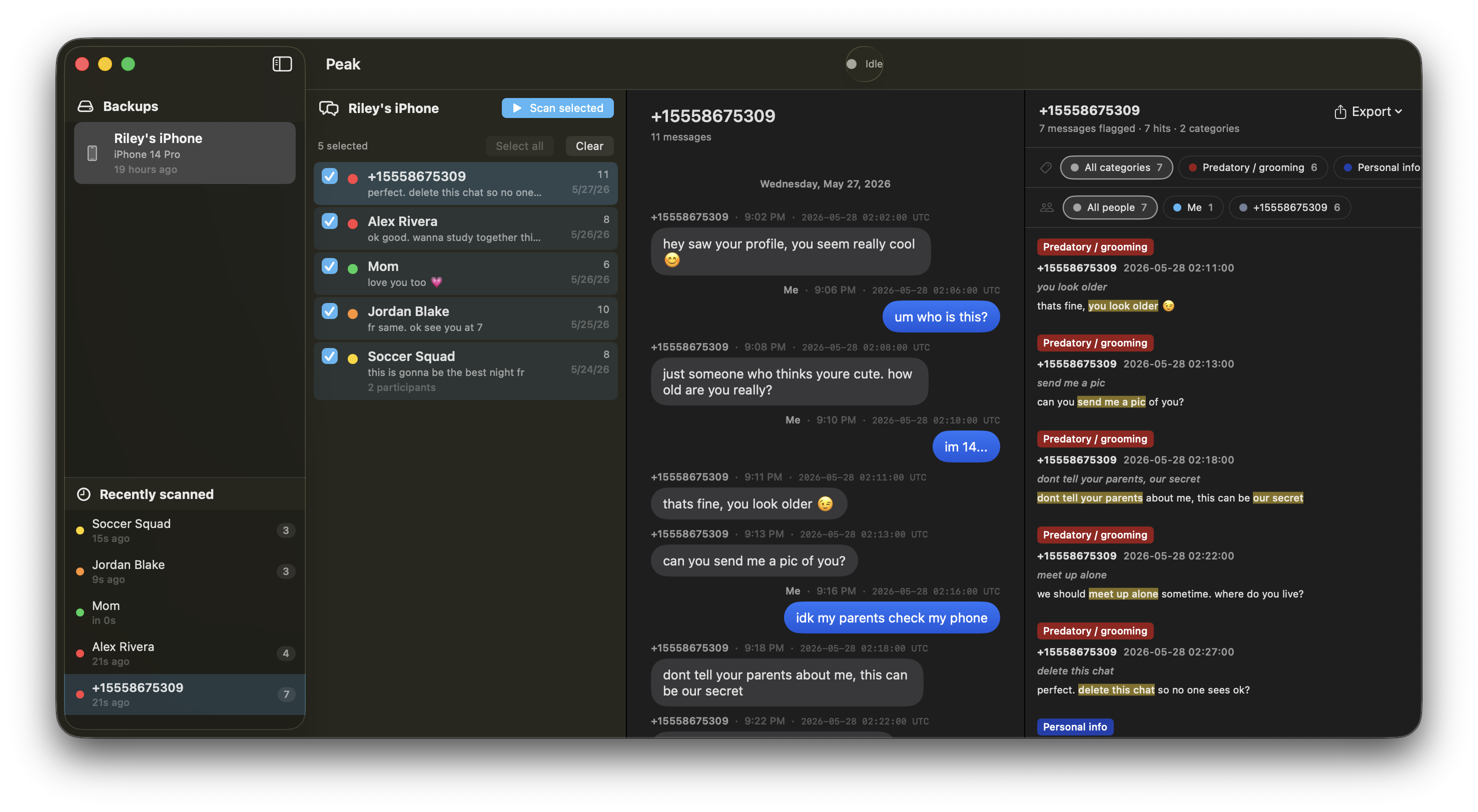 Peak's main window: an iPhone backup in the sidebar, the thread list, a flagged conversation, and the findings report with highlighted matches.